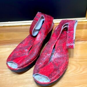 Fly London red and black snake like leather